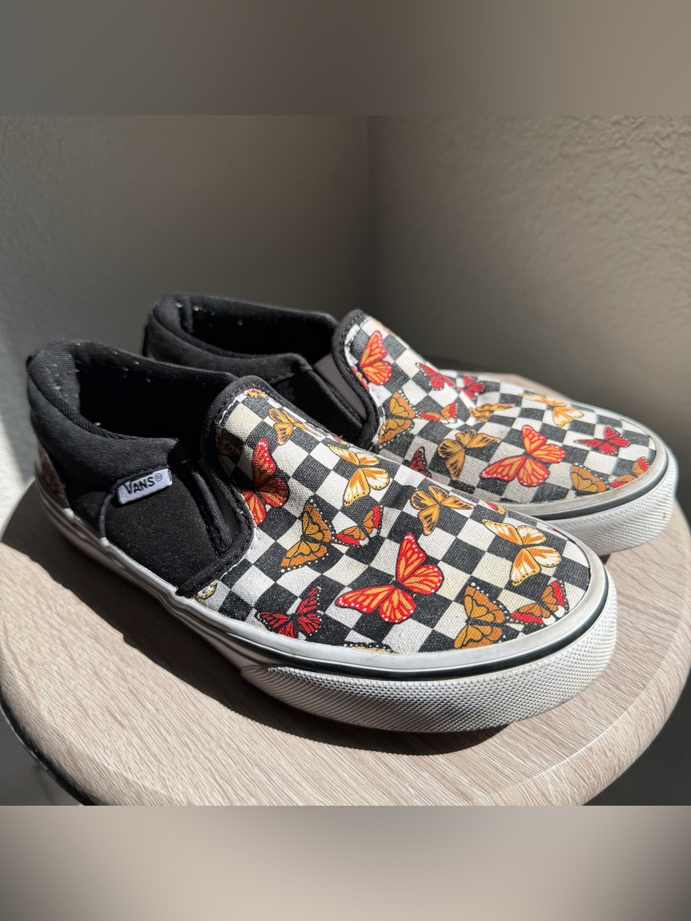 Vans Slip-On Checkerboard Sneakers with Red and Orange Butterflies